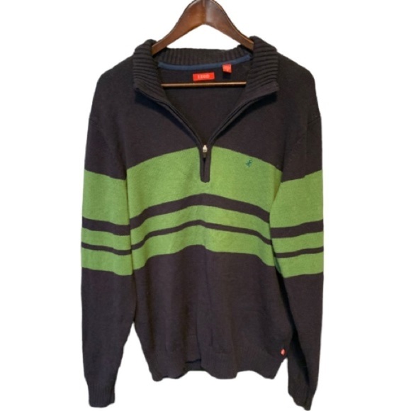 Izod Sweater Mens Size XL 1/4 Zip Navy and Kelly Green Wide Stripe - Picture 7 of 8